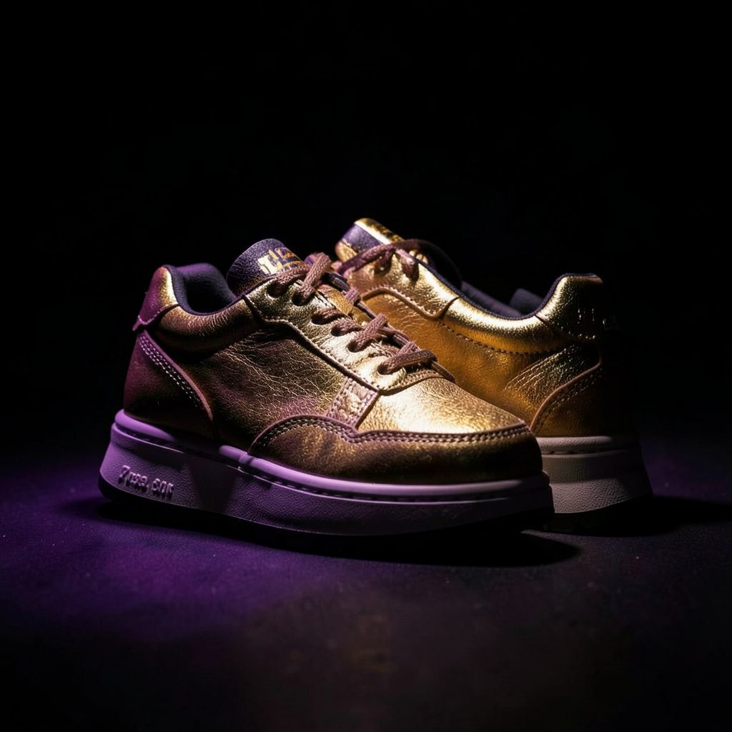 Golden Goose Superstar sneaker in white leather with a worn-in finish, dark distressed star logo on the side, against a shadowy low-key background